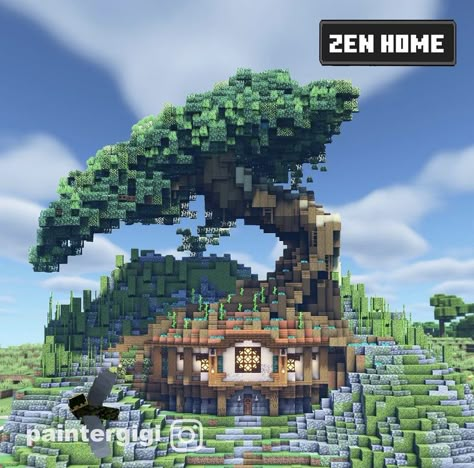 Fantasy Minecraft Bridge, Fantasy Mega Base Minecraft, Minecraft Fantasy World Ideas, Minecraft Huge Tree, Cliff Minecraft House, Minecraft Tree Base, Cliff Base Minecraft, Minecraft Cliff House Ideas, Minecraft Terraforming Ideas