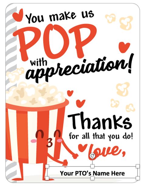 Appreciation Gifts Popcorn, Teacher Appreciation Gifts Popcorn, Teacher Appreciation Room Service, Popcorn Teacher Appreciation, Volunteer Appreciation Week, Popcorn Bar Sign, Teacher Appreciation Themes, Pto Today, Teacher Morale