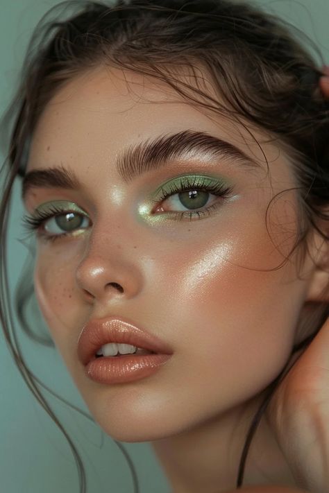 Green Eye Natural Makeup Looks, Glowy Green Makeup, Best Makeup Looks For Green Eyes, Soft Glam Green Eyeshadow, Summer Makeup Looks Colorful, Makeup For Green Eyes Fair Skin, Soft Glam Makeup Green Eyeshadow, Green Velvet Dress Makeup, Eye Makeup Looks Aesthetic