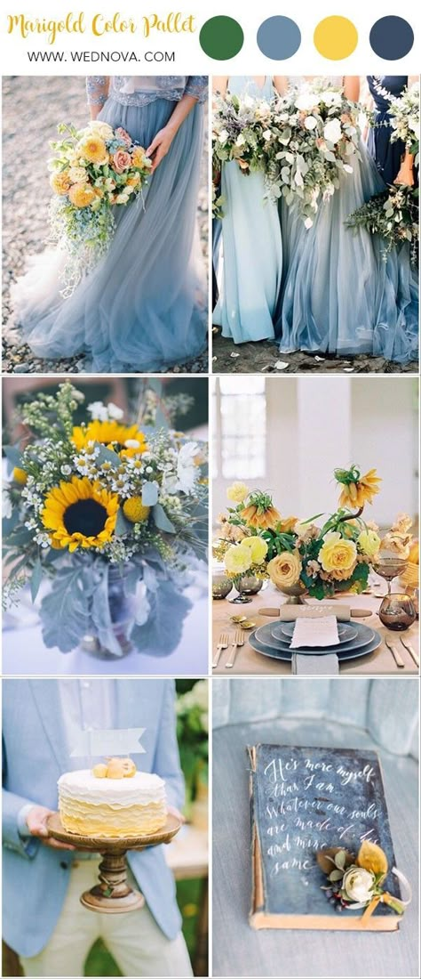 Marigold Spring Wedding Blue and yellow| Bright wedding colors| spring wedding theme| Sunflower wedding| Dusty blue and bright yellow Blue Summer Palette, January Wedding Inspiration, Summer Yellow Wedding, Dusty Blue And Lemon Yellow Wedding, Rustic Wedding Color Schemes Summer Colour Palettes, Blue Purple Yellow Wedding, Wedding Pallet Ideas Colour Schemes Summer, Wedding Color Pallet Ideas Spring, Wedding Pallet Colors