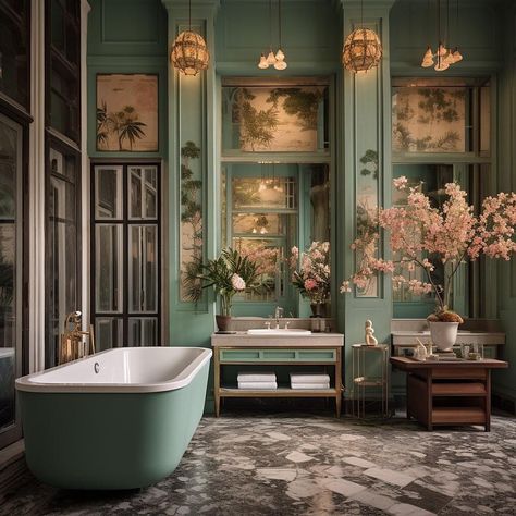 French Bathroom Design, Light Green Bathrooms, Parisian Bathroom, Parisian Interior, Chinoiserie Decorating, Victorian Bathroom, Country Decorating, Modern French, Classic Bathroom