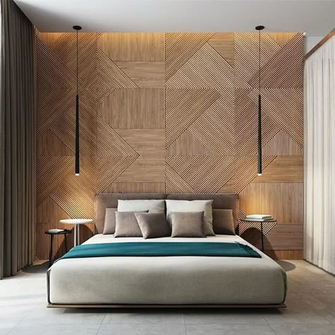 20 Modern And Creative Bedroom Design Featuring Wooden Panel Wall | Home Design And Interior Interior Boho, Luxury Bedroom Design, Feature Walls, Modern Bedroom Design, Wood Panel Walls, Remodel Bedroom, Hotel Rooms, Villa Design, Hotel Design