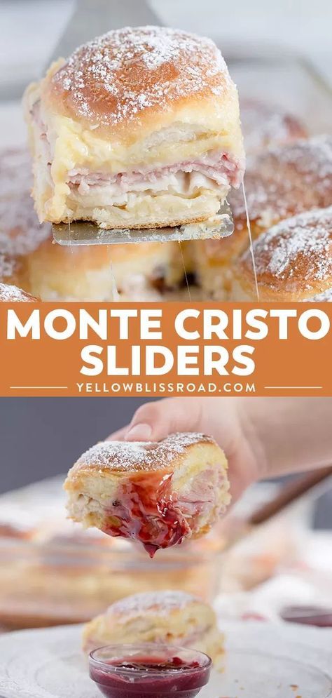 Monte Cristo Sandwich Sliders are the classic sandwich, in "mini" form. Perfect for parties, or just when you want something delicious and a little different and fun. #gameday #appetizers #sliders Sliders Monte Cristo, Little Sandwiches For A Party, Mini Sandwiches For Parties, Monte Cristo Sliders, Sandwich Sliders, Monte Cristo Sandwich, Slider Sandwiches, Sandwich Bar, Classic Sandwich