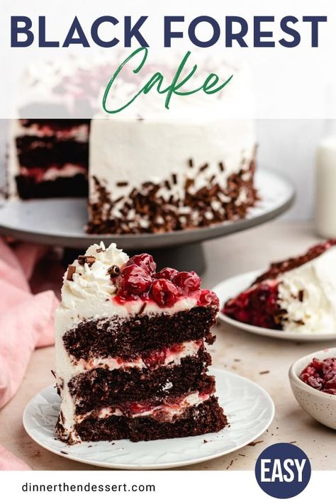 Black Forest Cake is a rich, moist German chocolate cake recipe layered with homemade whipped cream frosting and a tart, rich cherry filling. Quick Black Forest Cake, Homemade Black Forest Cake, Black Forest Torte, German Black Forest Cake Recipe, Black Forest Cherry Cake Recipe, Gluten Free Black Forest Cake, Moist German Chocolate Cake, Homemade Whipped Cream Frosting, German Black Forest Cake