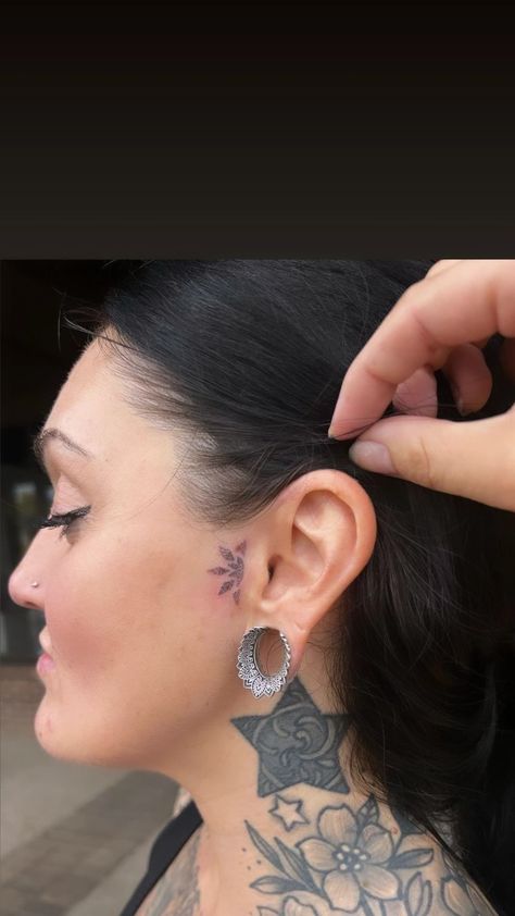 Ear tragus tattoo Ear Tragus Tattoo, Tragus Ear Tattoo, Next To Ear Tattoo, Tragus Tattoo Ear, Tiny Face Tattoo, Side Burn Tattoos For Women, Tragus Tattoo, Burn Tattoo, Nose Tattoo