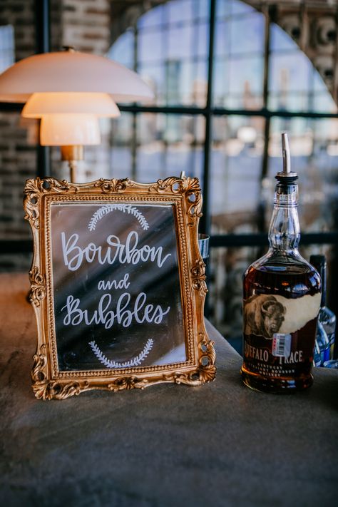 Bourbon And Bubbles, Bubbles And Bourbon Party, Bourbon And Bubbles Party Decor, Bourbon Themed Party, Bourbon Party Decorations, Bourbon Wedding Theme, Wedding Bourbon Bar, Western Speakeasy Wedding, Wedding Whiskey Bar