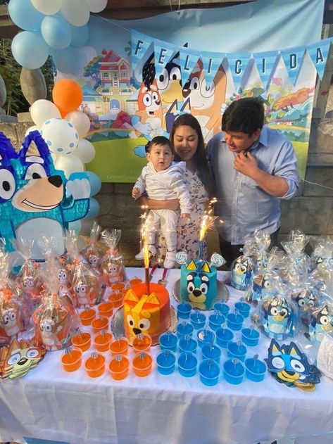 1st Bluey Birthday Party, Bluey Party Centerpieces Diy, Bluey And Bingo Party Decor, Bluey Party Decorations Table, Bluey Candy Table, Bluey Party Theme, Blue And Bingo Birthday Party, Bluey Party Favor Ideas, Bluey Birthday Table Decor