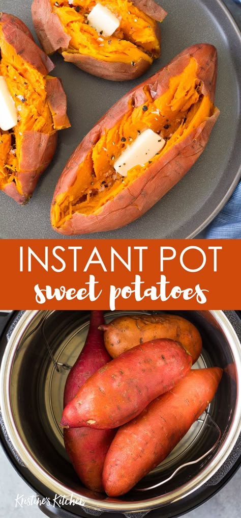 An easy recipe for perfect Instant Pot Sweet Potatoes. Learn how to cook whole baked sweet potatoes in your Instant Pot pressure cooker, with cook times for different sizes of sweet potatoes. Perfect for serving with sweet or savory toppings, as a side dish or try stuffed sweet potatoes for a healthy meal. Instant Pot Sweet Potatoes, Pressure Cooker Sweet Potatoes, Dinner Side Dish Recipes, Steamed Sweet Potato, Baked Sweet Potatoes, Cook Healthy, Cooking Sweet Potatoes, Healthy Instant Pot Recipes, Dinner Side Dishes