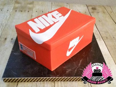 Nike Shoe Box with Custom Label - Cake by Cakes ROCK!!! Nike Shoebox Cake, Nike Box Cake, Nike Shoe Box Cake, Shoebox Cake, Nike Birthday, Nike Party, Nike Cake, Nike Shoe Box, Shoe Box Cake