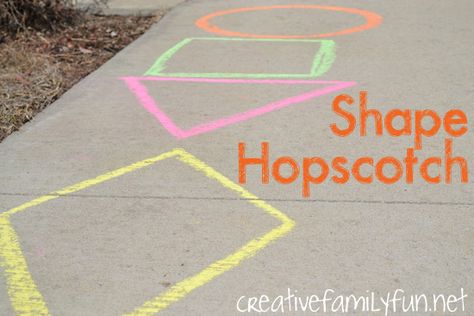 Shape hopscotch, a fun outdoor game to learn shapes, is not a new idea to us, nor is it new to this blog. (I shared it here in the very first months of this blog.) But, I wanted to share it again for a few reasons. First, it’s fun and we play it often. Second, it’s...Read More » Kindergarten At Home, Preschool Movement, Outdoor Maths, Math Activities For Kindergarten, Chalk Activities, Line Math, February Activity, Math Magic, Outdoor Fun For Kids