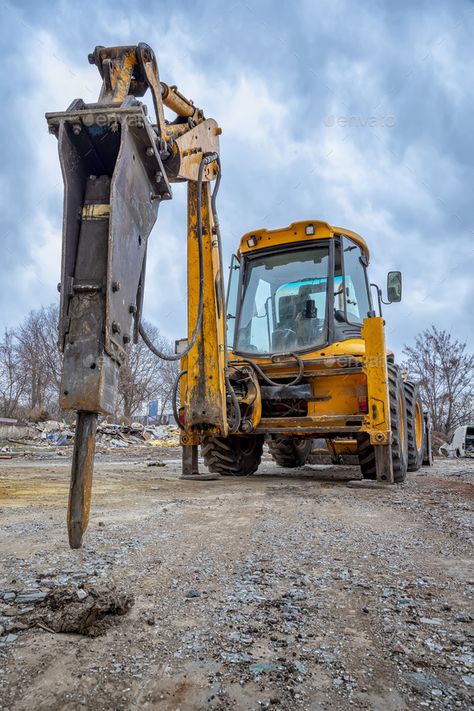 hydraulic breaker hammer by EdVal. Excavator with hydraulic breaker hammer for the destruction of concrete and hard rock at the construction site or qua... #Sponsored #EdVal, #Excavator, #destruction, #hydraulic Equipment Storage, Envato Elements, Hammers, Construction Site, Hard Rock