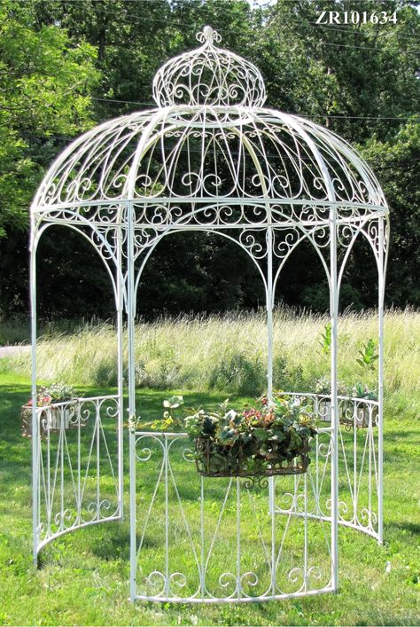 ZaerLtdInternational 6.5 Ft. W x 6.5 FT. D Iron Patio Gazebo | Wayfair Iron Gazebo, Dome Roof, Diy Trellis, Backyard Gazebo, White Baskets, Garden Gazebo, Ornate Design, Patio Gazebo, Distressed Painting