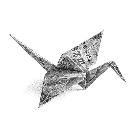 Paper Crane Drawing, Origami Sketch, Origami Drawing, Crane Drawing, Fly Drawing, Crane Fly, Japanese Crane, Paper Cranes, Japanese Origami