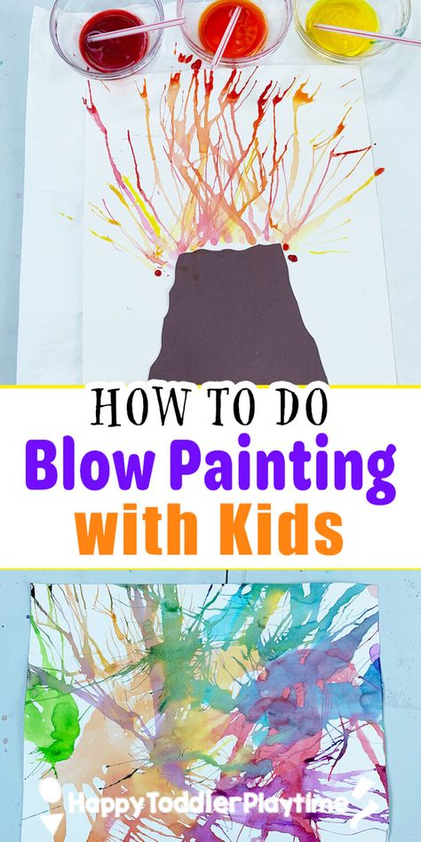 How to Easily Do Blow Painting with Straws - Happy Toddler Playtime Prek Painting Activities, Blow Straw Painting, Painting For Preschoolers Easy, Kindergarten Painting Activities, Painting With Kindergarteners, Straw Paint Blowing, Art Day Kindergarten, Straw Blow Painting, Straw Blowing Painting