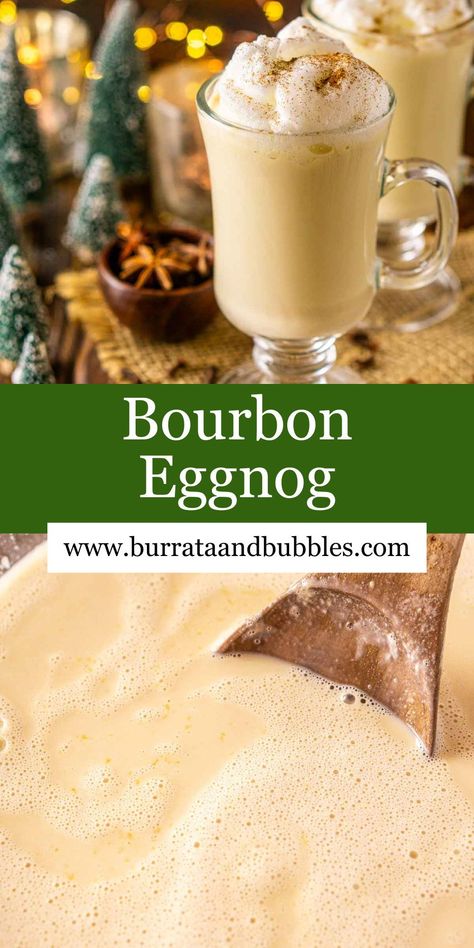 Enjoy the holiday season with a big batch of this spiced bourbon eggnog! A creamy homemade eggnog is steeped with warm spices and spiked with sweet, rich bourbon to make one decadent Christmas cocktail. Bourbon lovers will want to indulge in this eggnog all season long. Bourbon Christmas Tree, Christmas Cocktails Big Batch, Bourbon Christmas Drinks, Bourbon Eggnog Recipe, Bourbon Drinks Winter, Eggnog Bourbon Cocktail, Bourbon Holiday Drinks, Homemade Bourbon Eggnog, Spiced Bourbon Cocktail