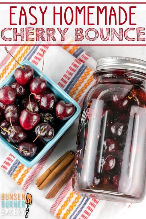 Cherry Bounce Recipe: directions on how to make this easy homemade liquor, using fresh cherries and whiskey, vodka, brandy, or another alcohol of your choice. Perfect for sipping or cocktails! #bunsenburnerbakery #cherrybounce #cherries #whiskey #cocktails Homemade Alcohol Recipes Christmas Gifts, Cherries In Liquor, Vodka Cherries Recipe, Moonshine Cherries Recipe, Cherry Bounce With Vodka, Bada Bing Cherry Recipes, Cherry Liqueur Recipe, Alcohol Infused Cherries, Homemade Whiskey Recipe