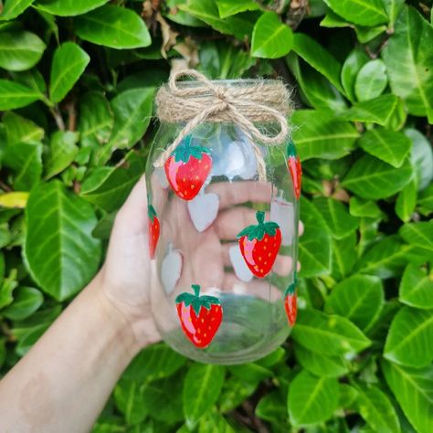 Upcycled strawberry glass jar 🍓 Etsy linked in bio ✨️ #strawberry #strawberries #strawberryglass #strawberryglassjar #upcycled #upcyling #upcycled #upcycledglass #upcycledglassjar #sustainability #sustainable #sustainableart #strawberryart #paintedstrawberries #acrylicpainting #acrylicpaint #etsy #etsyshop #etsyseller #etsyfinds #etsyuk #etsyselleruk #etsysellersofinstagram #etsyhandmade #smallbusiness #smallbusinesssupport #shopsmall #shopsmalluk #smallbusinessuk #craftbycaitcaits Jar Painting Aesthetic, Painting Ideas Cute Easy, Jar Painting Ideas Cute Easy, Jar Painting Ideas Cute, Jar Painting Ideas, Jar Painting, Strawberry Art, Small Business Uk, Sustainable Art