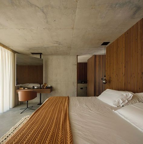 Concrete Bedroom, Herringbone Wall, Concrete Interiors, City House, Decoration Design, Design Firms, Outdoor Living Space, Picture Gallery, Bedroom Interior