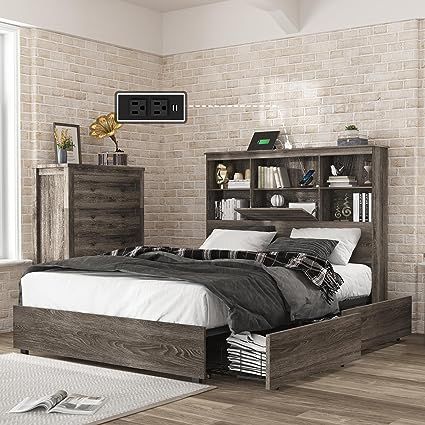 Amazon.com: LUXOAK King Size Bed Frame with Bookcase Headboard, Wooden Storage Bed with Charging Station & 4 Drawers, No Box Spring Needed/Noise-Free/Rustic Grey : Home & Kitchen Wooden Storage Bed, Wooden Bed With Storage, Bed Frame Sizes, Led Beds, Led Bed Frame, Cama King Size, Bookcase Bed, Full Size Bed Frame, Bookcase Headboard