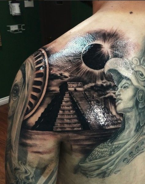 Chichen itza pyramid eclipse tattoo Eclipse Tattoo, Aztec Warrior Tattoo, Aztec Tattoos Sleeve, Pyramid Tattoo, Azteca Tattoo, Mayan Tattoos, Aztec Tattoos, Mexican Tattoo, Egyptian Tattoo Sleeve