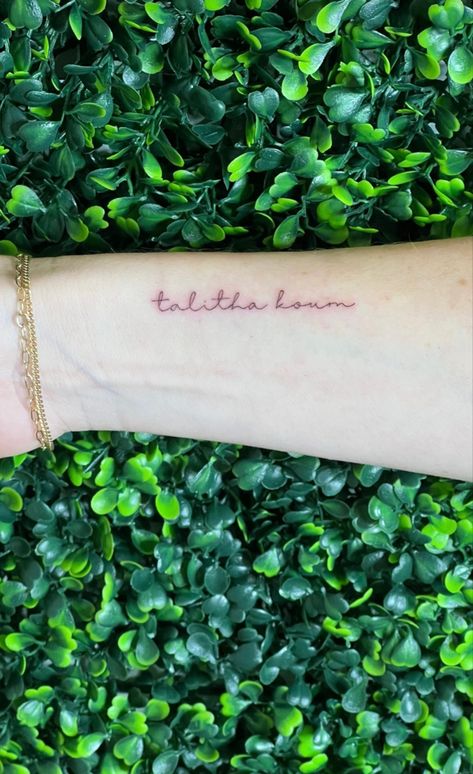 Talitha Koum, fine line, tattoo, biblical Hebrew 11:1 Tattoo, Talitha Cumi Tattoo, Talitha Koum Tattoo, Hebrew Tattoos For Women, Christian Finger Tattoos, Talitha Koum, Finger And Hand Tattoos, Christian Tattoo Ideas, Forget Me Not Tattoo