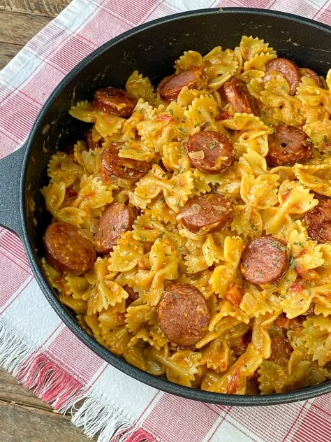 Cajun Sausage Pasta - Plowing Through Life Cajun Pasta With Sausage, Sausage Crostini, Sausage Pasta Dinner, Bow Tie Pasta Recipe, Cajun Sausage Pasta, Sausage Pasta Recipe, Smoked Sausage Pasta, Cajun Sausage, Smoked Sausage Recipes