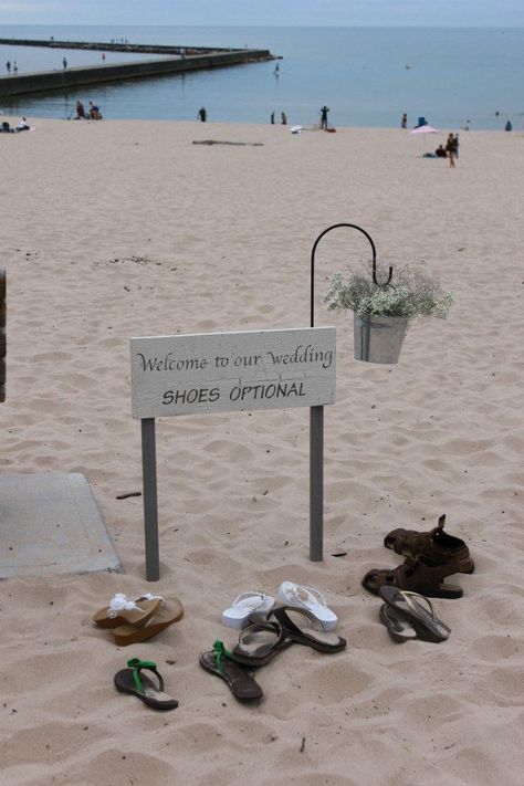 Beach Wedding Shoe Sign, Beach Wedding No Shoes, Shoes Optional Beach Wedding, Wedding Signs Beach, Shoes Optional Beach Wedding Signs, Wedding Reception Beach Theme, Beach Wedding Set Up Receptions, Beach Ceremony Set Up, Intimate Beach Ceremony