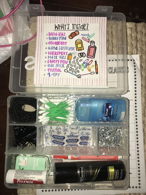 a survival kit i made for my drill team!! Cheer Emergency Kit Diy, Cheerleading Survival Kit Ideas, Drill Team Sister Gift Ideas, Beauty Pageant Survival Kit, Dance Mom Survival Kit, Cheer Travel Kit, Gifts For Drill Team Cute Ideas, Team Gift Ideas Cheer, Dance Competition Emergency Kit