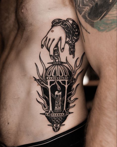 Midevil Traditional Tattoo, Trad Style Tattoos, Traditional Medieval Tattoo, Medieval Traditional Tattoo, Traditional Fire Tattoo, Gothic American Traditional Tattoo, Hand Holding Lantern, Lantern Tattoo Traditional, Medieval Tattoo Sleeve