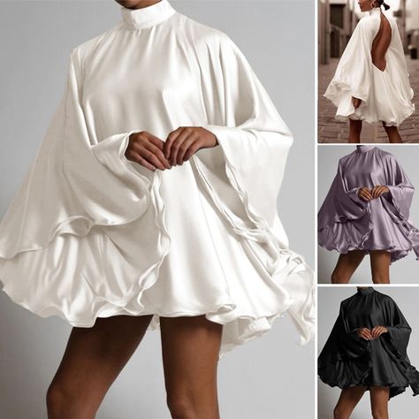 Womens Flare Long Sleeve Mini Dress Backless Evening Party Elegant Casual Loose Short Dress Plus Size, Black / 3XL Mini Satin Dress Outfit, Silk Flare Dress, Silk Dress Plus Size, Short Dress Long Sleeves, Short Dress Plus Size, Cocktail Short Dress, Loose Short Dress, Plus Size Dresses For Party, Satin Dress Outfit