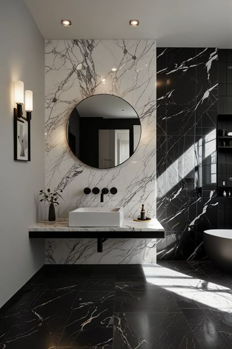 Modern Luxury Bathroom Marble, White Marble Bathroom Ideas, Bathroom Interior Design Luxury Black, Luxury Black Bathroom, Black And White Marble Bathroom, Marble Bathroom Ideas, Elegant Color Schemes, Glamour Bathroom, White Marble Bathroom