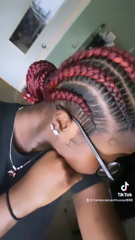 Red Stitch Braids Cornrows, Red Hair Cornrows, Burgundy Cornrows Black Women, Red Feed In Braids Cornrows, Red Stitch Braids, Burgundy Stitch Braids, Red Cornrows, Dark Red Cornrows, Stitch Braids