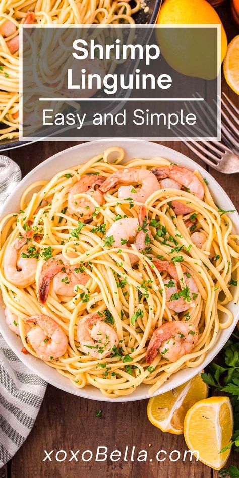 This classic Italian dish pairs linguine noodles with shrimp and a delicious lemon, garlic and herb sauce. Shrimp linguine is light but satisfying and it's also easy to make. There are only 8 different ingredients in this shrimp linguine recipe, or 9 if you want a parmesan cheese garnish. So, if you're in the mood for a dinner that's both comfort food and an elegant treat, you can't go wrong with this lovely 20 minute shrimp linguine pasta dish. This 20 minute pasta dish will a family favorite! Linguine Recipes Easy, Garlic And Herb Sauce, Shrimp Linguine Recipe, Lemon Shrimp Pasta, Noodles With Shrimp, Shrimp Linguine, Linguine Recipes, Lemon Garlic Shrimp, Linguine Pasta