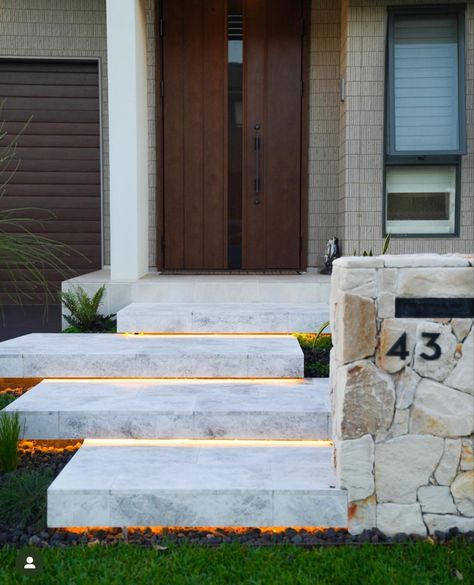 Front Stairs, Pool Shower, Front Yard Design, Front Steps, Concrete Steps, Lawn And Landscape, Modern Fence, Front Entrance, House Outside Design