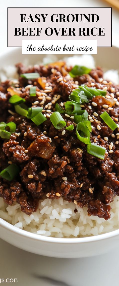 Image for Easy Ground Beef Over Rice Ground Beef Lunch Prep, Quick Healthy Dinner Ground Beef, Ground Beef Recipes And Rice, Ground Beef Rice Crockpot Recipes, Hamburger Over Rice, Ground Beef Corn Recipes, Ground Beef Thai Recipes, Healthy Recipes For Ground Beef, Brisket And Rice Recipes