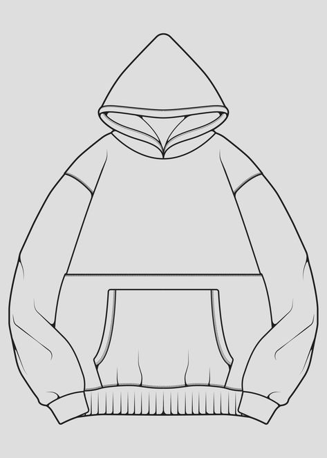 Oversized Hoodie Technical Drawing, Oversized Hoodie Sketch, Oversized Hoodie Drawing, Hoodie Flat Sketch, Hoodie Sketch, Sweatshirt Drawing, Hoodie Outline, Hoodie Reference, School Hoodies