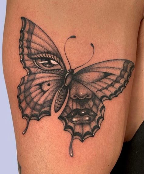 Butterfly Over Face Tattoo, Tattoos With Eyes In Them, Tattoo Back Japanese, Butterfly Tattoo With Eyes, Butterfly Eyes Tattoo, Eye Butterfly Tattoo, Butterfly With Eyes Tattoo, Butterfly Tattoo Elbow, Butterfly Eye Tattoo