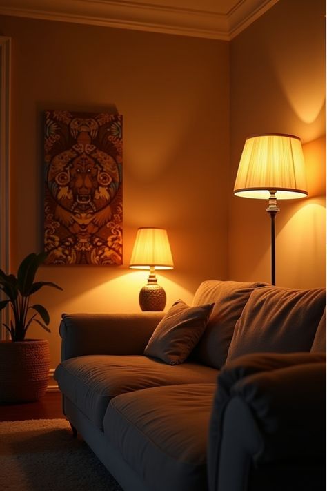 Cozy living room with warm ambient lighting from various lamps Dark Yellow Living Room, Angled Bedroom, Dubai Villa, Living Room Lights, Wall Sconces Living Room, Table Lamps Living Room, Cozy Spaces, Yellow Living Room, Design A Space