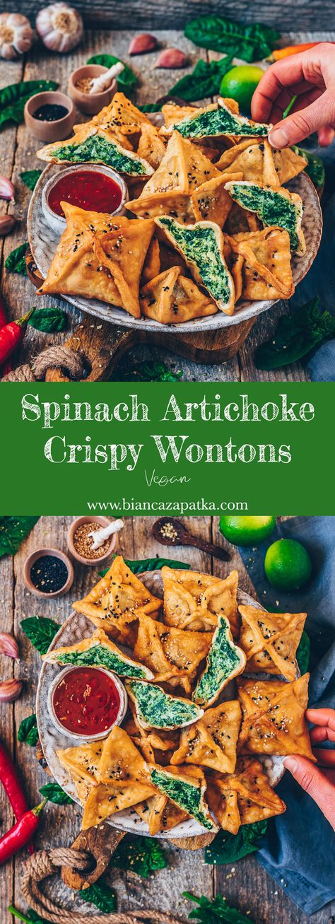 These crispy Spinach Artichoke Wontons make for the perfect snack, appetizer, or lunch! They’re made with Homemade Wonton Wrappers and filled with a creamy & cheesy Spinach Artichoke Dip! This easy Recipe includes step-by-step pictures showing you how to wrap them. Appetizers For Party Vegetarian, Healthy Artichoke Dip, Vegan Wontons, Homemade Wonton Wrappers, Crispy Spinach, Vegetarian Wonton, Cook Spinach, Cheesy Spinach Artichoke Dip, Wonton Wrapper Recipes