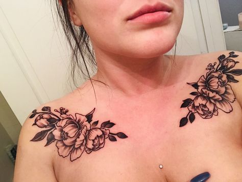 Peony Chest Tattoo Female, Peony Chest Tattoo, Japanese Peony, Collarbone Tattoo, Chest Tattoo Female, Torso Tattoos, Tattoo Female, Peonies Tattoo, Chest Tattoo