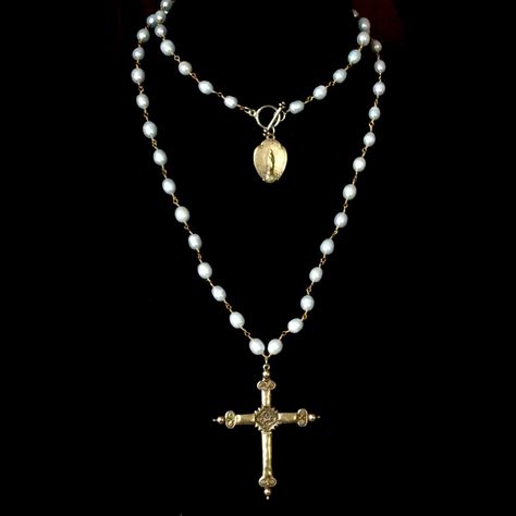 Crystal Cross Necklace, Pearl Rosary Necklace, Rosary Necklace Aesthetic, Rosary Aesthetic, Rosary Inspired Necklace, Catholic Cross Necklace, A Lily Flower, Sacred Heart Necklace, Rosary Cross