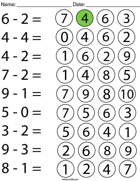 Subtraction- Color the Answer Math Worksheet - Twisty Noodle Educational Printables For Kids, Worksheets For Kids Math, Easy Math Activities, Math Worksheets For Kids, Kindergarten Math Worksheets Free, Math Coloring Worksheets, Preschool Activities Printable, Fun Worksheets For Kids, Math Addition Worksheets