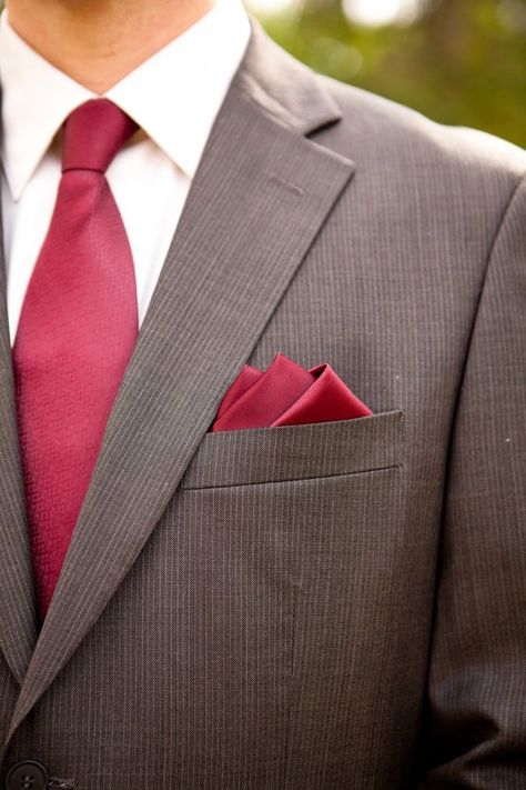 Grey Suit Maroon Tie, Suit With Red Tie, Cranberry Wedding, Grey Suits, Red Rose Wedding, Future Wedding Plans, Floral Arrangements Wedding, September Wedding, Red Tie