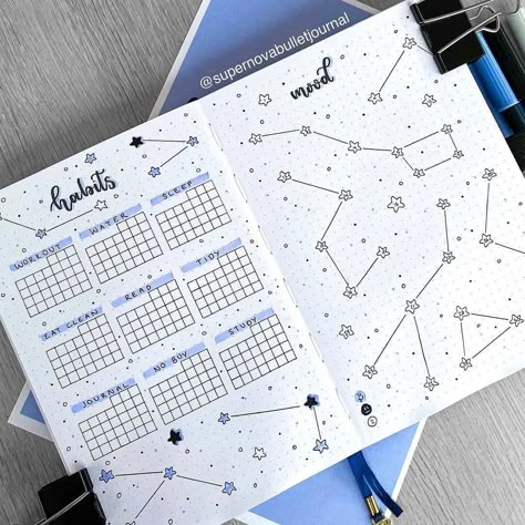 January Spread Ideas, Yearly Bujo Spreads, Aesthetic Mood Tracker, Planner Tracker Ideas, Astrology Bujo, Star Bujo Theme, Space Mood Tracker, January Bujo Theme, January Journal Ideas