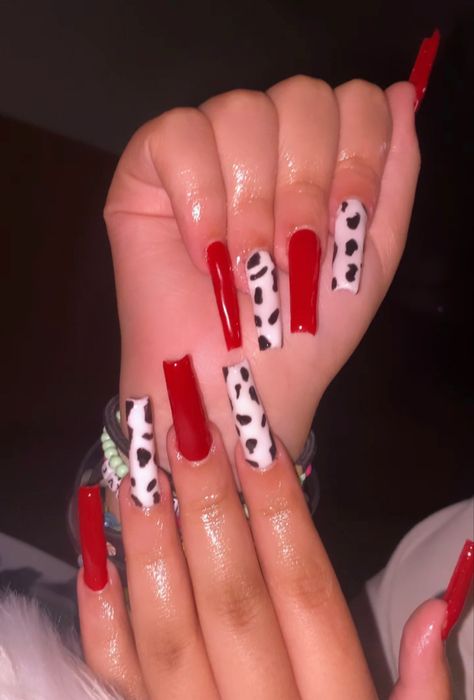 Red Cow Print Nails Acrylic, Cowgirl Nails Acrylic, Red Cow Print Nails, Cowgirl Nails, Blood Nails, Cow Nails, Red Acrylic Nails, Red Nail Designs, Long Acrylic