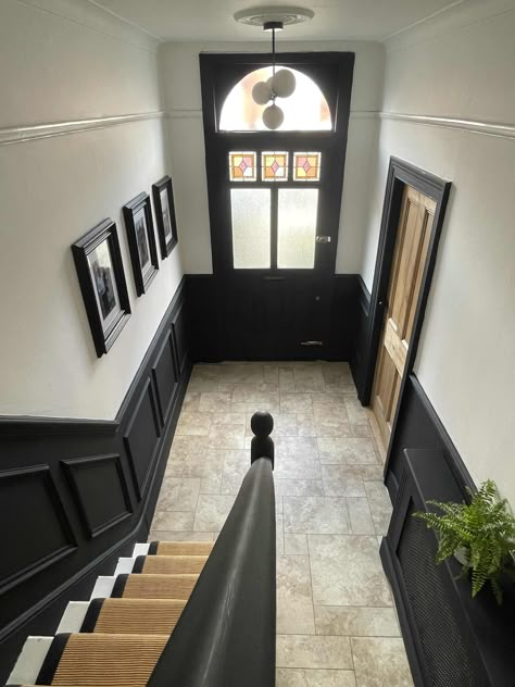 Small New Build Hallway Ideas, Old House Entrance, Edwardian Hallway, Modern Edwardian, Stairs And Hallway Ideas, Home Stairs, Black Hallway, Black Staircase, Stair Paneling