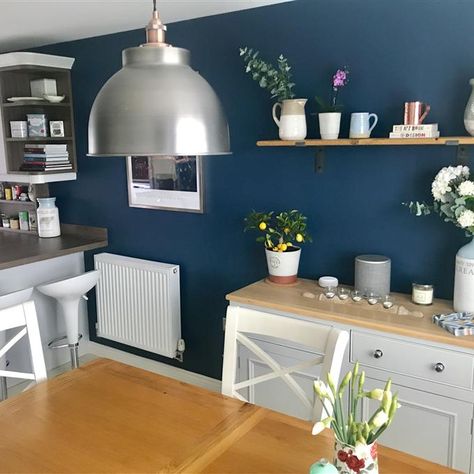 Blue Feature Wall, Kitchen Feature Wall, Navy Lounge, Sunny House, Blue Kitchen Walls, Kitchen Feature, Stiffkey Blue, Navy Kitchen, Feature Wall Living Room