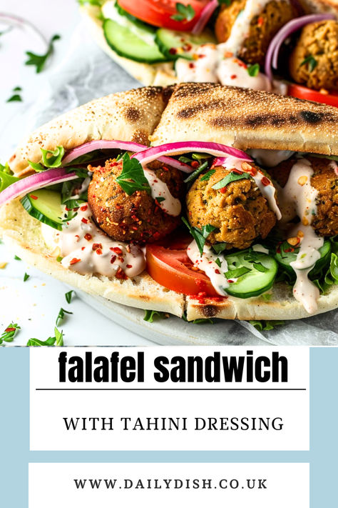 Falafel Sandwich Falafel Sandwich Recipe, Falafel Patties, Falafel Pita, Falafel Sandwich, Falafel Wrap, Red Onion Salad, Falafels, Mediterranean Food, Tahini Dressing