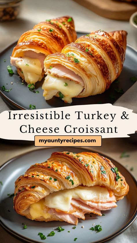 Experience the perfect fusion of flavors with this Baked Turkey & Cheese Croissant Delight. Flaky croissants are filled with savory turkey and melted cheese, creating a mouthwatering dish that's perfect for brunch or a quick snack. Your taste buds will thank you! Turkey Cheese Croissant, Cheese Croissant Recipe, Crossant Recipes, Flaky Croissants, Chicken Salad Croissant, Hot Sandwich Recipes, Healthy Savory Snacks, Easy Burger Recipe, Healthy Sandwich Recipes