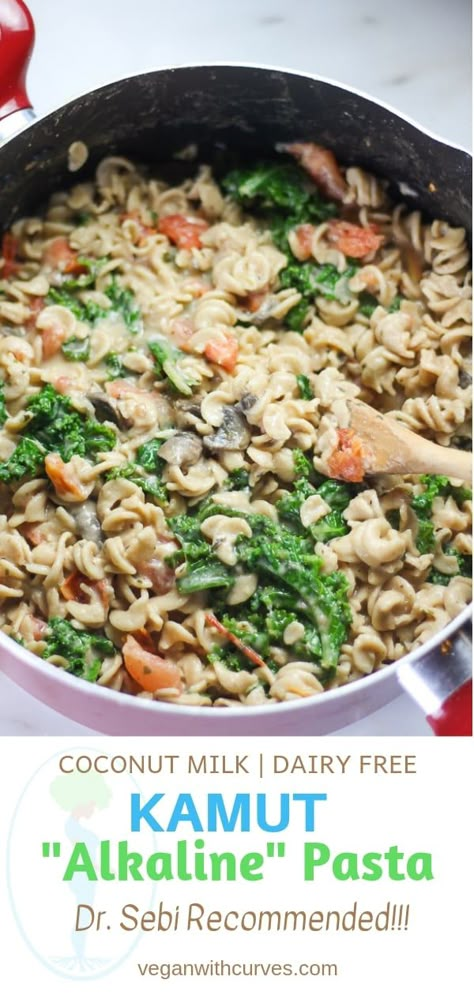 This creamy vegan pasta is Alkaline and Dr. Sebi recommended! The coconut milk makes this dish super creamy and the Kamut Pasta makes it healthy! It's the perfect Dr. Sebi recipe for healthy weight gain! Kamut Pasta Recipes, Dr Sebi Approved Recipes, Alkaline Dinner Recipes Main Dishes, Dr Sebi Dinner Recipes, Alkaline Pasta Recipes, Dr Sebi Recipes Alkaline Diet Dinner, Easy Alkaline Meals, Alkaline Recipes Dinner Dr Sebi, Kamut Recipes